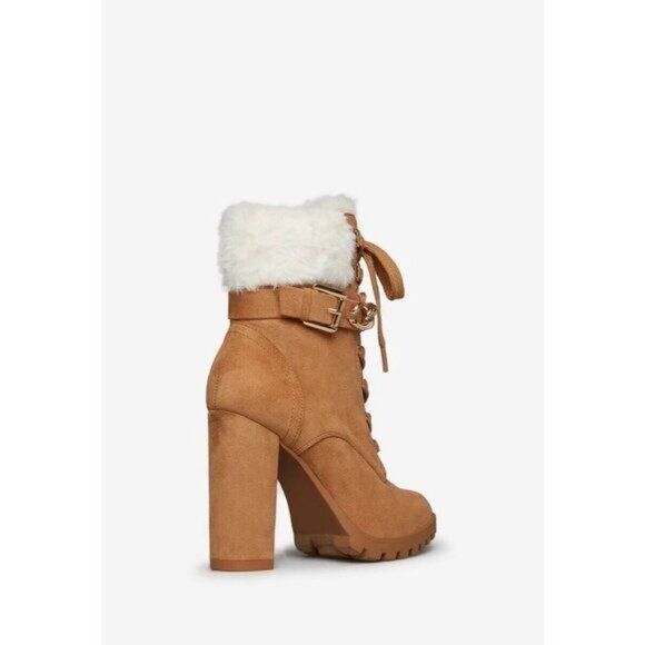 NIB Tan Faux Suede Faux Fur Block Heel Booties - Picture 4 of 7